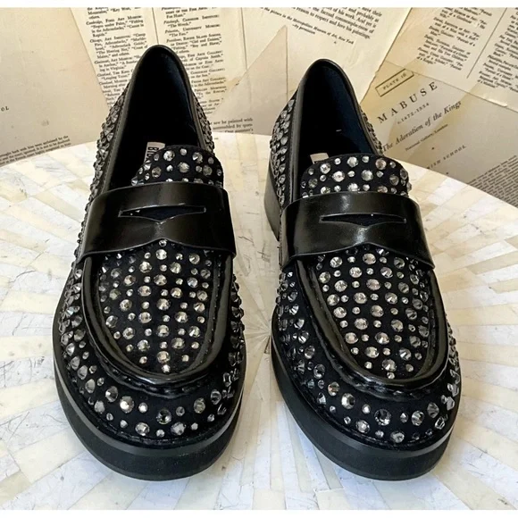 Anthropologie Bibi Lou Jaya Gem Loafers Black Leather Jewels - Picture 10 of 12